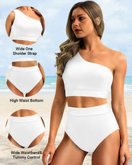 Emo - One Shoulder High Waisted Bikini Sets Two Piece Swimsuit Tummy Control-Pink