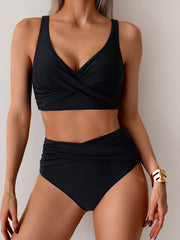 Emo - Women's High Waisted Bikini Sets Solid Pleated 2 Piece Swimsuits Sexy Beach Sets with Removable Pads