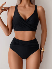 Emo - Women's High Waisted Bikini Sets Solid Pleated 2 Piece Swimsuits Sexy Beach Sets with Removable Pads