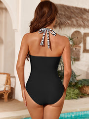 Emo - Women One Piece Swimsuit Leopard Splicing Halter V Neck Sexy Tummy Control Push Up Swimwear Back Tie Bathing Suit