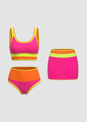Womens Color Contrast Patchwork Nylon Sporty 3 Piece Bikini Sets