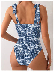 Emo - Women's One Piece Swimsuits Tummy Control Bathing Suits V Neck Boho Tie Shoulder Ruched Full