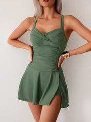 Emo - Women's Twisted Ruched Swim Dress Slit Strap Tankini Swimsuit
