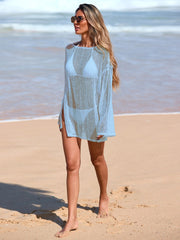 Women Beach Swimsuit Cover Up Sparkle Lightweight Sheer Sexy Crochet Mesh Long Sleeve One Piece Vacation Outfits