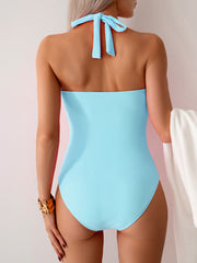 Emo - Women's One Piece Swimsuit V Neck Halter Swimwear Twist Front Ruched Tummy Control Bathing Suit