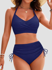 Emo - Womens High Waisted Bikini Sets Drawstring Tummy Control Swimsuits Crisscross Tie Back Bathing Suit