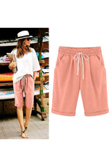 Emo - Women's Elastic Waist Knee Length Casual Cotton Bermuda Shorts with Drawstring