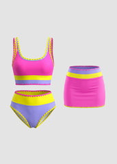 Womens Color Contrast Patchwork Nylon Sporty 3 Piece Bikini Sets
