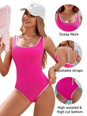 Emo - Women's One Piece Swimsuit Sports Adjustable Strap Bathing Suit Color Block Ribbed High Cut Swimsuits