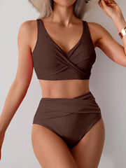 Emo - Women's High Waisted Bikini Sets Solid Pleated 2 Piece Swimsuits Sexy Beach Sets with Removable Pads