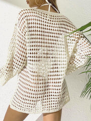 Women Crochet Knit Beach Cover Ups Dress Long Sleeve Hollow Out Sheer Swimsuit Coverups