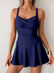Emo - Women's Twisted Ruched Swim Dress Slit Strap Tankini Swimsuit