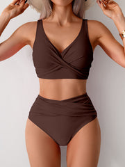 Emo - Women's High Waisted Bikini Sets Solid Pleated 2 Piece Swimsuits Sexy Beach Sets with Removable Pads