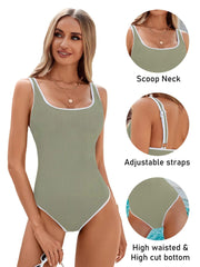 Emo - Women's One Piece Swimsuit Sports Adjustable Strap Bathing Suit Color Block Ribbed High Cut Swimsuits