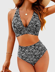 Emo - Women Embroidery Print High Waisted Bikini Sets V Neck Tummy Control Bathing Suit Two Piece Curvy Swimsuits