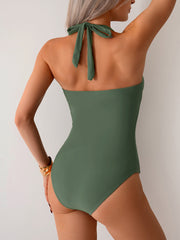 Emo - Women's One Piece Swimsuit V Neck Halter Swimwear Twist Front Ruched Tummy Control Bathing Suit