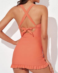 Emo - Deep V Cross Back Ruched One Piece Swimsuit