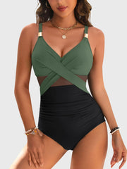 Women One Piece Swimsuit Metal Modest Tummy Control Bathing Suit Slimming Full Coverage Mesh Swim Suits
