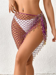 Women Two Ways Bead Inlay Knit Shawl Cover Up Mesh Beach Skirt