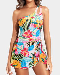 Emo - One Shoulder One Piece Swim Dress for Women Tummy Control Swimsuit with Skirt