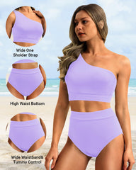 Emo - One Shoulder High Waisted Bikini Sets Two Piece Swimsuit Tummy Control-Pink