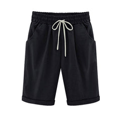 Emo - Women's Elastic Waist Knee Length Casual Cotton Bermuda Shorts with Drawstring