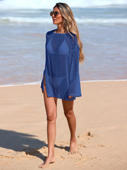 Women Beach Swimsuit Cover Up Sparkle Lightweight Sheer Sexy Crochet Mesh Long Sleeve One Piece Vacation Outfits