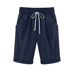 Emo - Women's Elastic Waist Knee Length Casual Cotton Bermuda Shorts with Drawstring