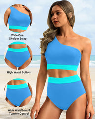 Emo - One Shoulder High Waisted Bikini Sets Two Piece Swimsuit Tummy Control-Pink