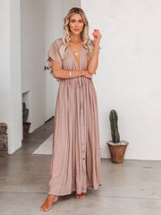 Women Beach Cover Up Dress V Neck Button Drawstring Short Sleeve Dress