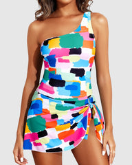 Emo - Women One Piece Swim Dress One Shoulder Swimsuit with Skirt