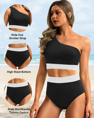 Emo - One Shoulder High Waisted Bikini Sets Two Piece Swimsuit Tummy Control-Pink