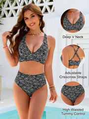 Emo - Women Embroidery Print High Waisted Bikini Sets V Neck Tummy Control Bathing Suit Two Piece Curvy Swimsuits