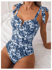 Emo - Women's One Piece Swimsuits Tummy Control Bathing Suits V Neck Boho Tie Shoulder Ruched Full