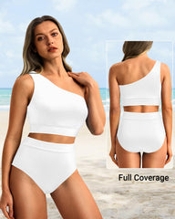 Emo - One Shoulder High Waisted Bikini Sets Two Piece Swimsuit Tummy Control-Pink