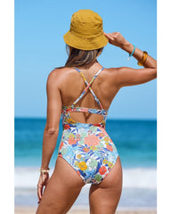 Emo - Beach Floral Colorblock Print Low-cut Slim One Piece Tummy control Swimsuit