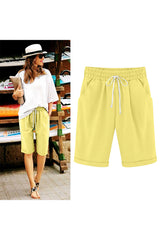 Emo - Women's Elastic Waist Knee Length Casual Cotton Bermuda Shorts with Drawstring