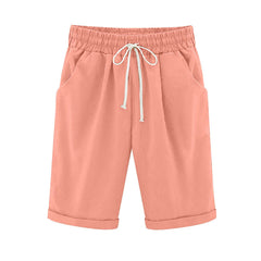 Emo - Women's Elastic Waist Knee Length Casual Cotton Bermuda Shorts with Drawstring