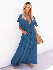 Women Beach Cover Up Dress V Neck Button Drawstring Short Sleeve Dress