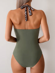 Emo - Women One Piece Swimsuit Leopard Splicing Halter V Neck Sexy Tummy Control Push Up Swimwear Back Tie Bathing Suit
