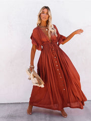 Women Beach Cover Up Dress V Neck Button Drawstring Short Sleeve Dress