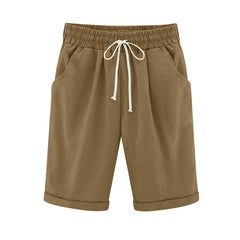 Emo - Women's Elastic Waist Knee Length Casual Cotton Bermuda Shorts with Drawstring