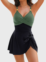 Women Tummy Control One Piece Swimsuit Gold Metal Tie Knot Swim Dress Bathing Suit