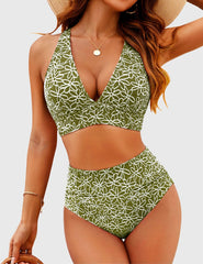 Emo - Women Embroidery Print High Waisted Bikini Sets V Neck Tummy Control Bathing Suit Two Piece Curvy Swimsuits