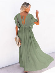 Women Beach Cover Up Dress V Neck Button Drawstring Short Sleeve Dress
