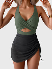 Emo - Women Mesh One Piece Swimdress Swimsuit Tummy Control V Neck Cutout Bathing Suit