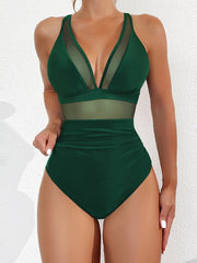 Emo - Women Plus Size One Piece Swimsuit V Neck Mesh Sheer Tummy Control Bathing Suit