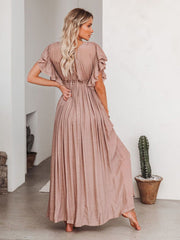 Women Beach Cover Up Dress V Neck Button Drawstring Short Sleeve Dress