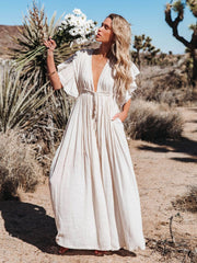 Women Beach Cover Up Dress V Neck Button Drawstring Short Sleeve Dress