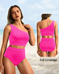 Emo - One Shoulder High Waisted Bikini Sets Two Piece Swimsuit Tummy Control-Pink
